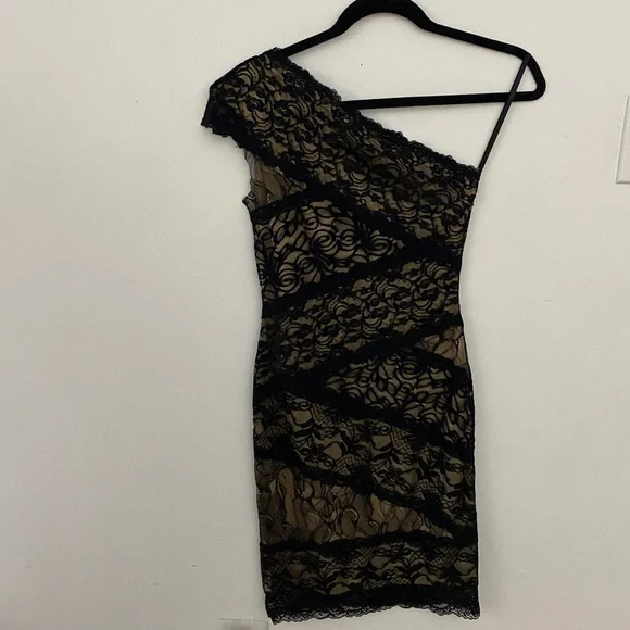 Bebe Dresses | Bebe One Shoulder Lace Dress | Color: Black/Tan | Size: Xs | Italy1211's Closet